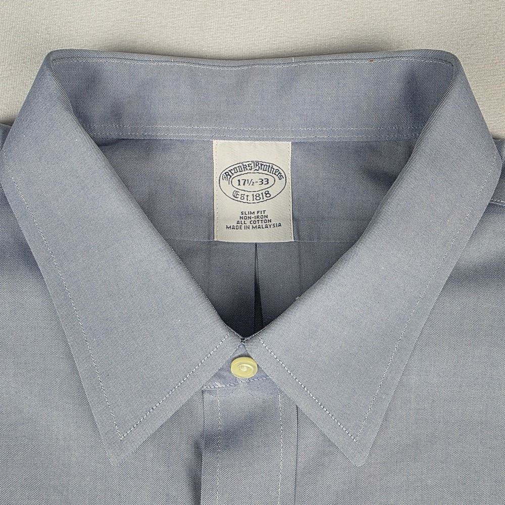 Brooks Brothers 1818 Mens Dress Shirt 17-33 Blue Slim Fit Non-Iron All Cotton - Picture 4 of 10